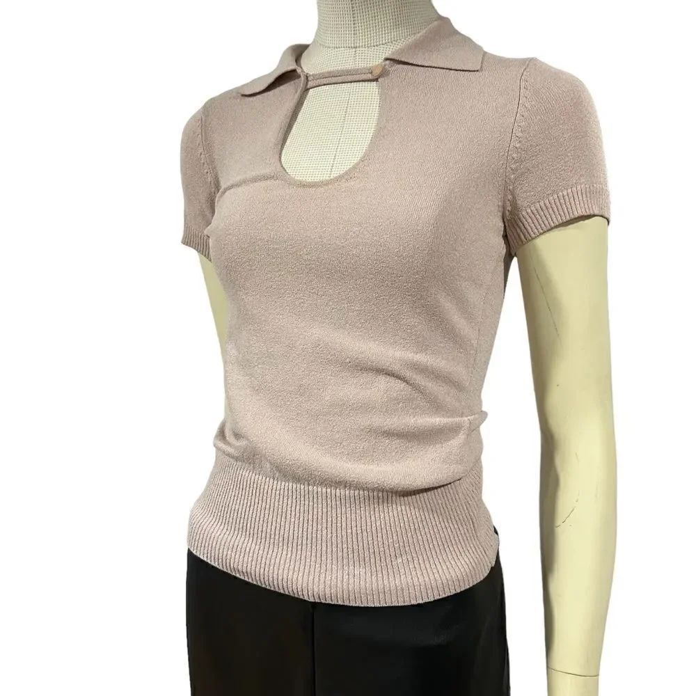 Revolve Bebe Vintage Silk Blend Neck Closure Ribbed Short Sleeve Polo Shirt